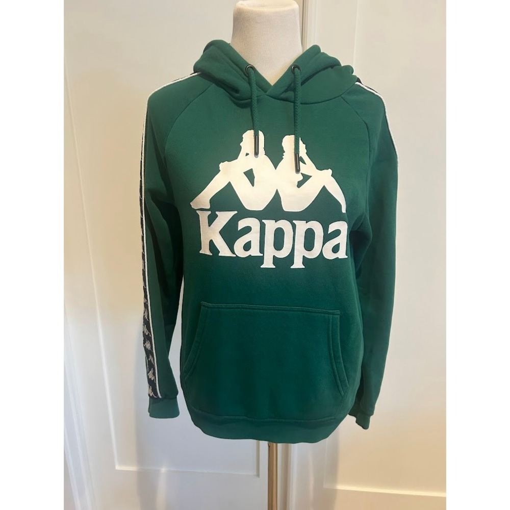 Kappa Green Hoodie Sweatshirt Omini Logo‎ Tape Sleeve Drawstring Hood Pockets